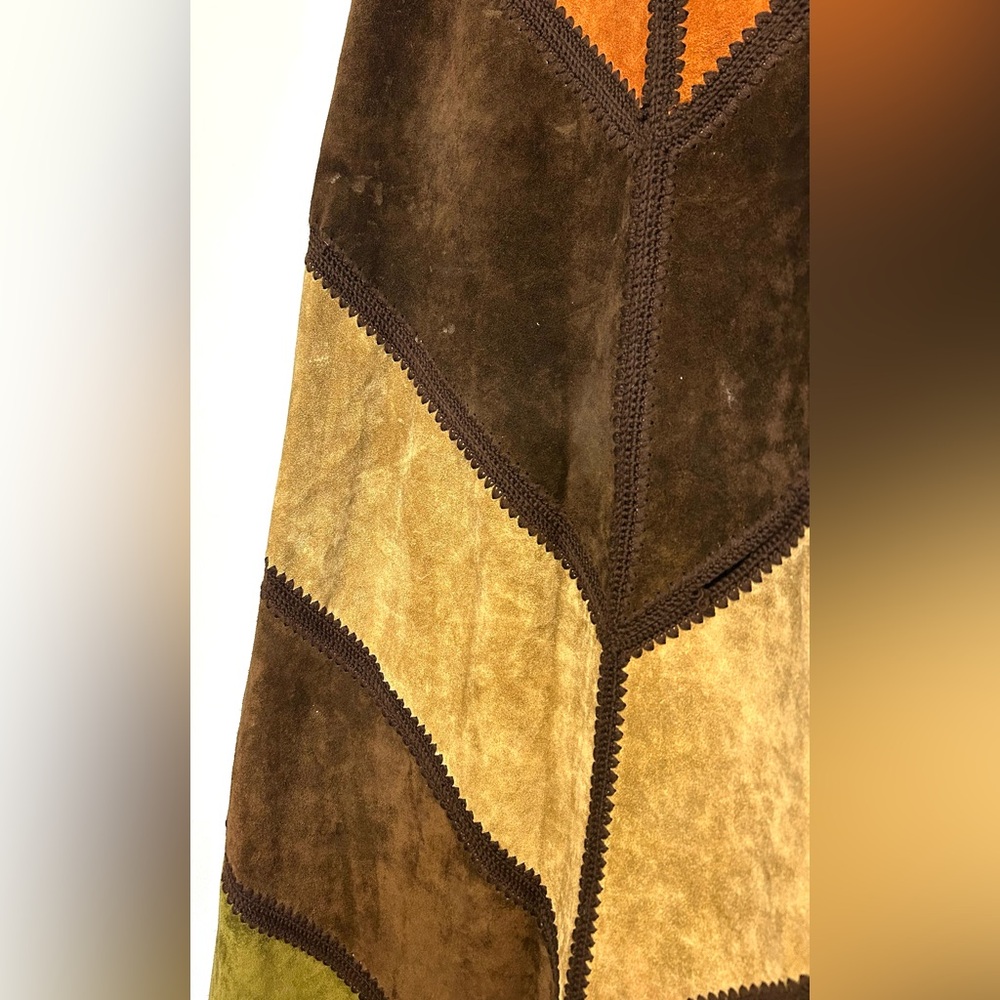 VTG 70s Saks Fifth Avenue Patchwork Suede Maxi Skirt Boho Hippie Chevron Small - Picture 5 of 16